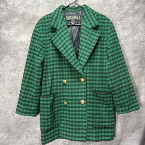 VTG Escada Double Breasted Blazer Jacket Womens 34 Green Black Plaid Wool Angora